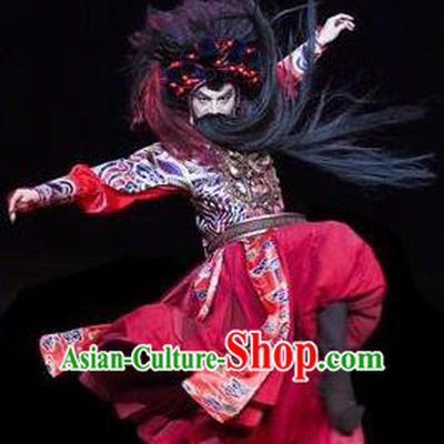 The Greatest Spirit Chinese Peking Opera Takefu Red Clothing Stage Performance Dance Costume and Headpiece for Men