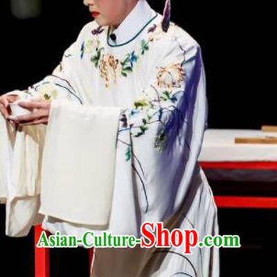 Sansheng Dream Chinese Cantonese Opera Scholar White Clothing Stage Performance Dance Costume and Headpiece for Men