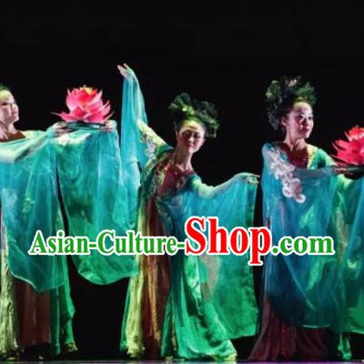 Dunhuang Reflections Chinese Classical Dance Green Dress Stage Performance Dance Costume and Headpiece for Women