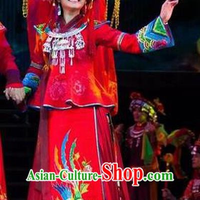 Huang Si Jie Chinese Tujia Minority Wedding Red Dress Stage Performance Dance Costume and Headpiece for Women