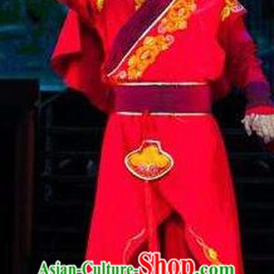 Huang Si Jie Chinese Tujia Minority Bridegroom Red Clothing Stage Performance Dance Costume and Headpiece for Men