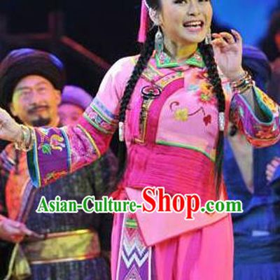 Huang Si Jie Chinese Tujia Minority Pink Dress Stage Performance Dance Costume and Headpiece for Women