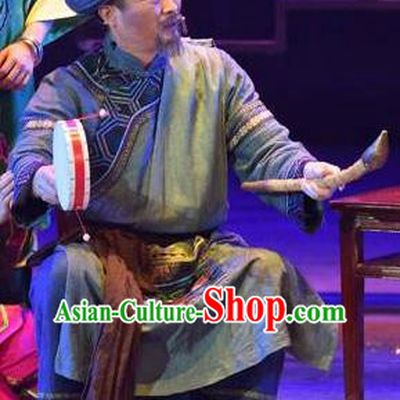 Huang Si Jie Chinese Tujia Minority Old Male Clothing Stage Performance Dance Costume and Headpiece for Men