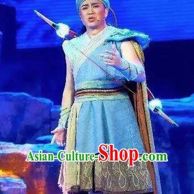 Huang Si Jie Chinese Tujia Minority Hunter Blue Clothing Stage Performance Dance Costume and Headpiece for Men