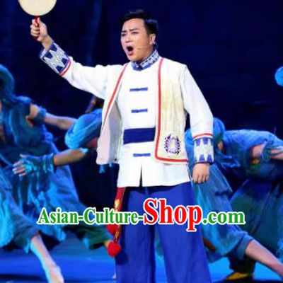Huang Si Jie Chinese Tujia Minority Male Clothing Stage Performance Dance Costume and Headpiece for Men