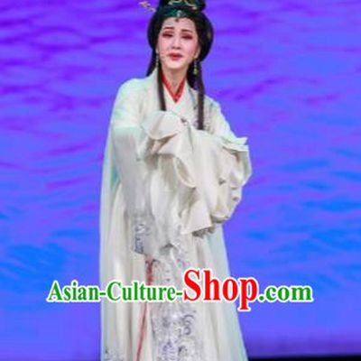 Chinese Shaoxing Opera Bronze Swallow Terrace Xiao Qiao White Dress Stage Performance Dance Costume and Headpiece for Women