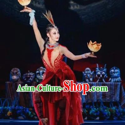Menogga Garden Chinese Classical Dance Red Dress Stage Performance Dance Costume and Headpiece for Women