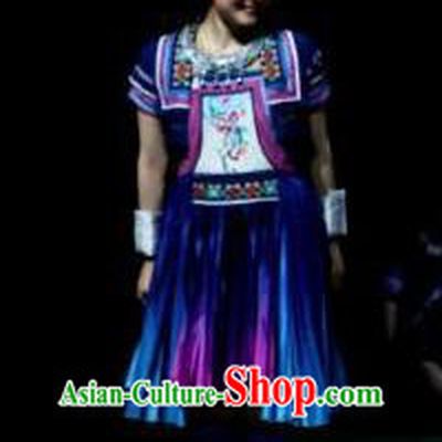 Menogga Garden Chinese Zhuang Nationality Folk Dance Blue Dress Stage Performance Dance Costume and Headpiece for Women