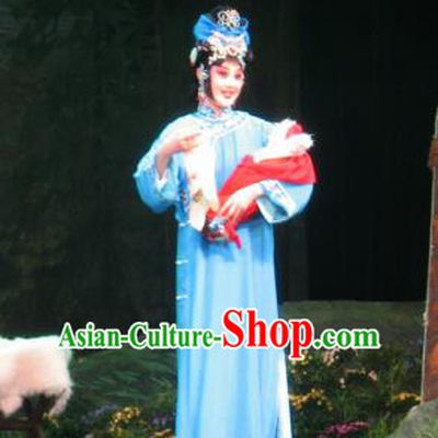 Su Wu In Desert Chinese Peking Opera Diva Blue Dress Stage Performance Dance Costume and Headpiece for Women