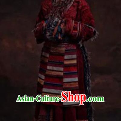 The Heavenly Road Chinese Zang Nationality Dance Red Dress Stage Performance Dance Costume and Headpiece for Women