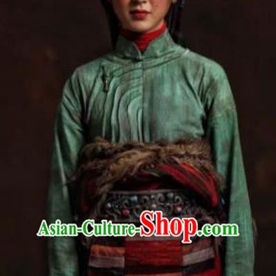 The Heavenly Road Chinese Zang Nationality Dance Green Dress Stage Performance Dance Costume and Headpiece for Women