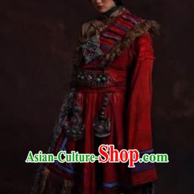 The Heavenly Road Chinese Zang Nationality Dance Red Tibetan Robe Stage Performance Dance Costume and Headpiece for Women