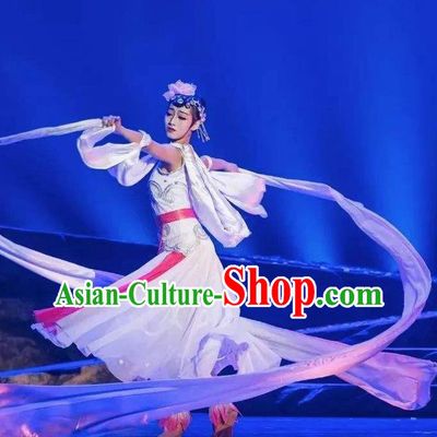 Goddess of the Moon Chinese Classical Dance Long Ribbon Dress Stage Performance Dance Costume and Headpiece for Women