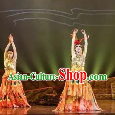 Goddess of the Moon Chinese Classical Dance Peacock Dress Stage Performance Dance Costume and Headpiece for Women