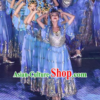 Mu Lan Qiu Xian Ceremony Chinese Classical Dance Blue Dress Stage Performance Dance Costume and Headpiece for Women