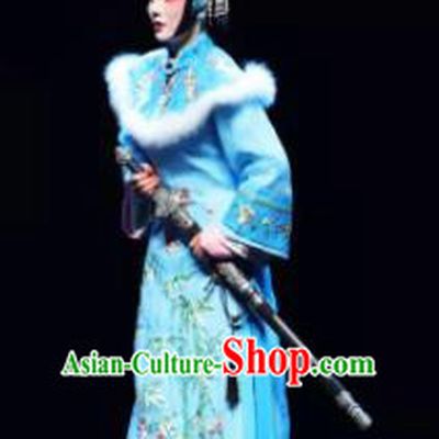 Mei Hua Zan Ceremony Chinese Beijing Opera Princess Blue Dress Stage Performance Dance Costume and Headpiece for Women