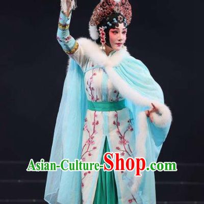 Mei Hua Zan Ceremony Chinese Beijing Opera Diva Green Dress Stage Performance Dance Costume and Headpiece for Women
