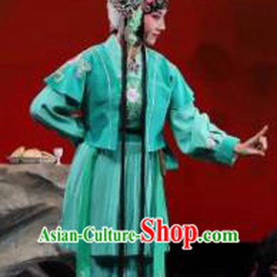 Mei Hua Zan Ceremony Chinese Beijing Opera Maidservant Green Dress Stage Performance Dance Costume and Headpiece for Women