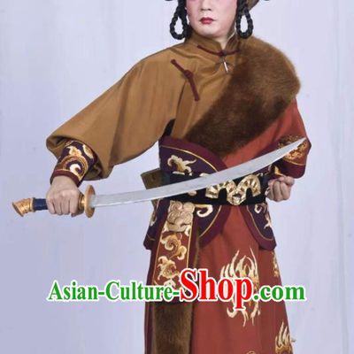 Mei Hua Zan Chinese Beijing Opera Takefu Brown Clothing Stage Performance Dance Costume and Headpiece for Men