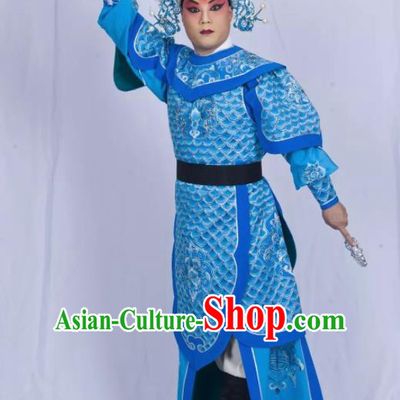 Mei Hua Zan Chinese Beijing Opera Takefu Blue Armor Clothing Stage Performance Dance Costume and Headpiece for Men