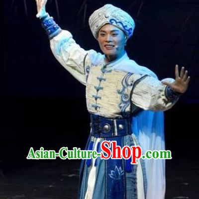Drama Qian Yun Cliff Chinese Zhuang Nationality Bridegroom Clothing Stage Performance Dance Costume and Headpiece for Men