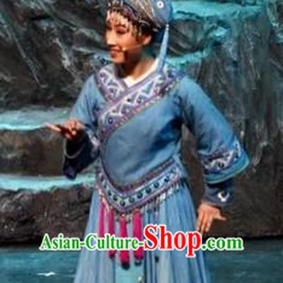 Drama Qian Yun Cliff Chinese Zhuang Nationality Dress Stage Performance Dance Costume and Headpiece for Women
