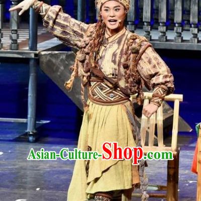 Drama Qian Yun Cliff Chinese Zhuang Nationality Youth Ginger Clothing Stage Performance Dance Costume and Headpiece for Men