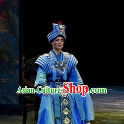 Drama Qian Yun Cliff Chinese Zhuang Nationality Bridegroom Blue Clothing Stage Performance Dance Costume and Headpiece for Men