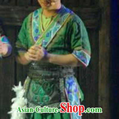 Hometown of Dragon Boat Tune Chinese Tujia Nationality Green Clothing Stage Performance Dance Costume and Headpiece for Men