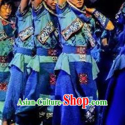 Hometown of Dragon Boat Tune Chinese Tujia Nationality Blue Clothing Stage Performance Dance Costume and Headpiece for Men