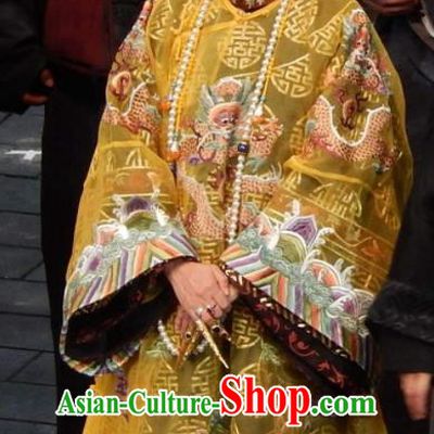 Beijing Fayuansi Chinese Qing Dynasty Empress Dowager Cixi Golden Dress Stage Performance Dance Costume and Headpiece for Women