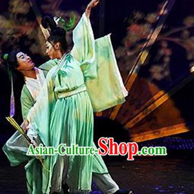 Return To the Three Gorges Chinese Classical Dance Green Dress Stage Performance Costume and Headpiece for Women