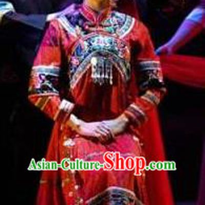 Buyi Ba Yin Chinese Bouyei Nationality Wedding Red Dress Stage Performance Dance Costume and Headpiece for Women