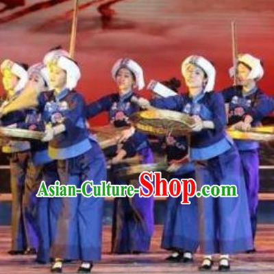 Buyi Ba Yin Chinese Bouyei Nationality Folk Dance Blue Dress Stage Performance Dance Costume and Headpiece for Women