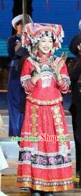 Buyi Ba Yin Chinese Bouyei Nationality Wedding Red Dress Stage Performance Dance Costume and Headpiece for Women Buyi Ba Yin Chinese Bouyei Nationality Wedding Red Dress Stage Performance Dance Costume and Headpiece for Women