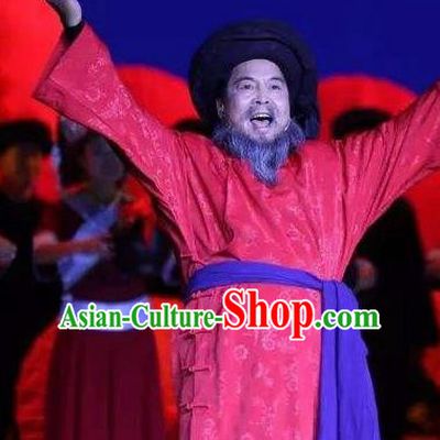 Buyi Ba Yin Chinese Bouyei Nationality Red Clothing Stage Performance Dance Costume and Headpiece for Men