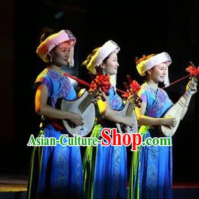 Buyi Ba Yin Chinese Bouyei Nationality Folk Dance Blue Dress Stage Performance Dance Costume and Headpiece for Women