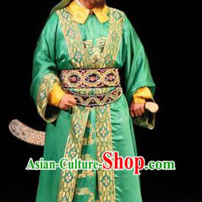 Cai Wenji Chinese Opera Ancient Huns King Green Clothing Stage Performance Dance Costume and Headpiece for Men