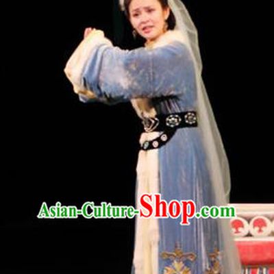 Cai Wenji Chinese Opera Ancient Female Litterateur Blue Dress Stage Performance Dance Costume and Headpiece for Women