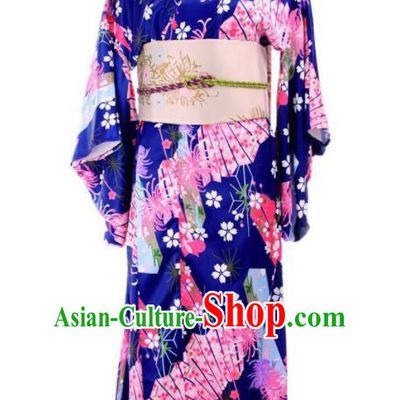 Traditional Japanese Printing Chrysanthemum Royalblue Kimono Asian Japan Yukata Dress for Women