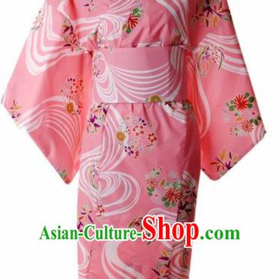 Traditional Japanese Printing Cherry Blossom Pink Kimono Asian Japan Yukata Dress for Women