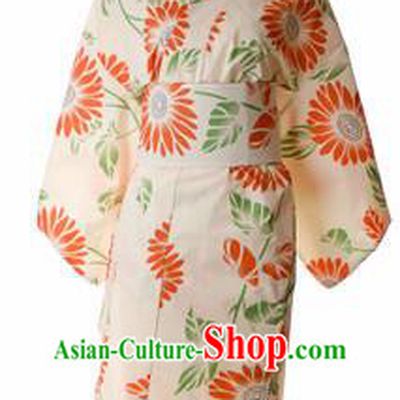 Traditional Japanese Printing Chrysanthemum Beige Kimono Asian Japan Yukata Dress for Women