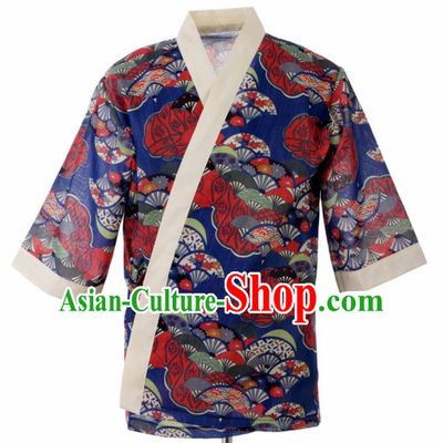 Traditional Japanese Printing Fans Royalblue Yamato Shirt Kimono Asian Japan Costume for Men
