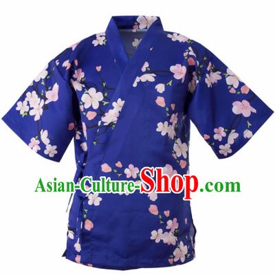 Traditional Japanese Printing Flowers Blue Yamato Shirt Kimono Asian Japan Costume for Men