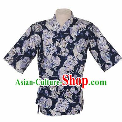 Traditional Japanese Printing Cherry Blossom Navy Blue Shirt Kimono Asian Japan Costume for Men
