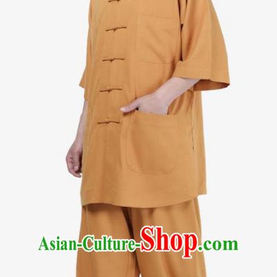 Traditional Chinese Monk Costume Meditation Khaki Shirt and Pants for Men