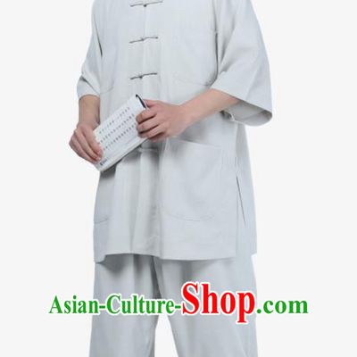 Traditional Chinese Monk Costume Meditation Light Grey Shirt and Pants for Men