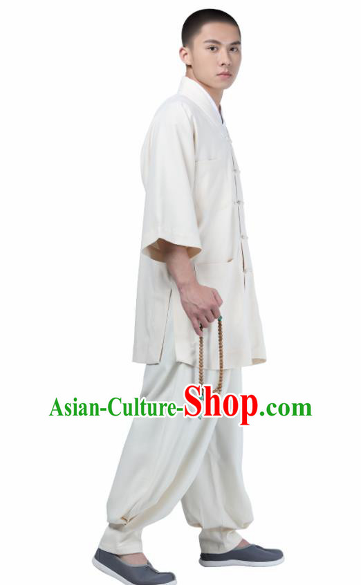 Traditional Chinese Monk Costume Meditation White Shirt and Pants for Men