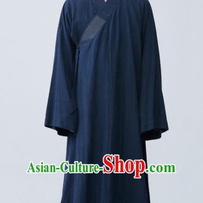 Traditional Chinese Monk Costume Navy Long Gown for Men
