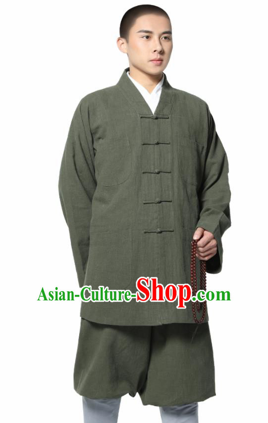 Traditional Chinese Monk Costume Meditation Olive Green Ramie Shirt and Pants for Men Traditional Chinese Monk Costume Meditation Olive Green Ramie Shirt and Pants for Men